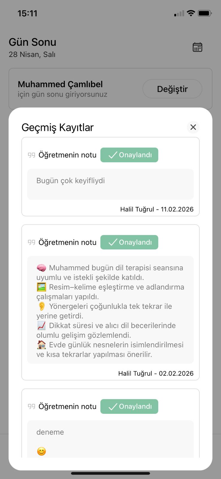 Rehapp gelişim raporu mobil ekranı